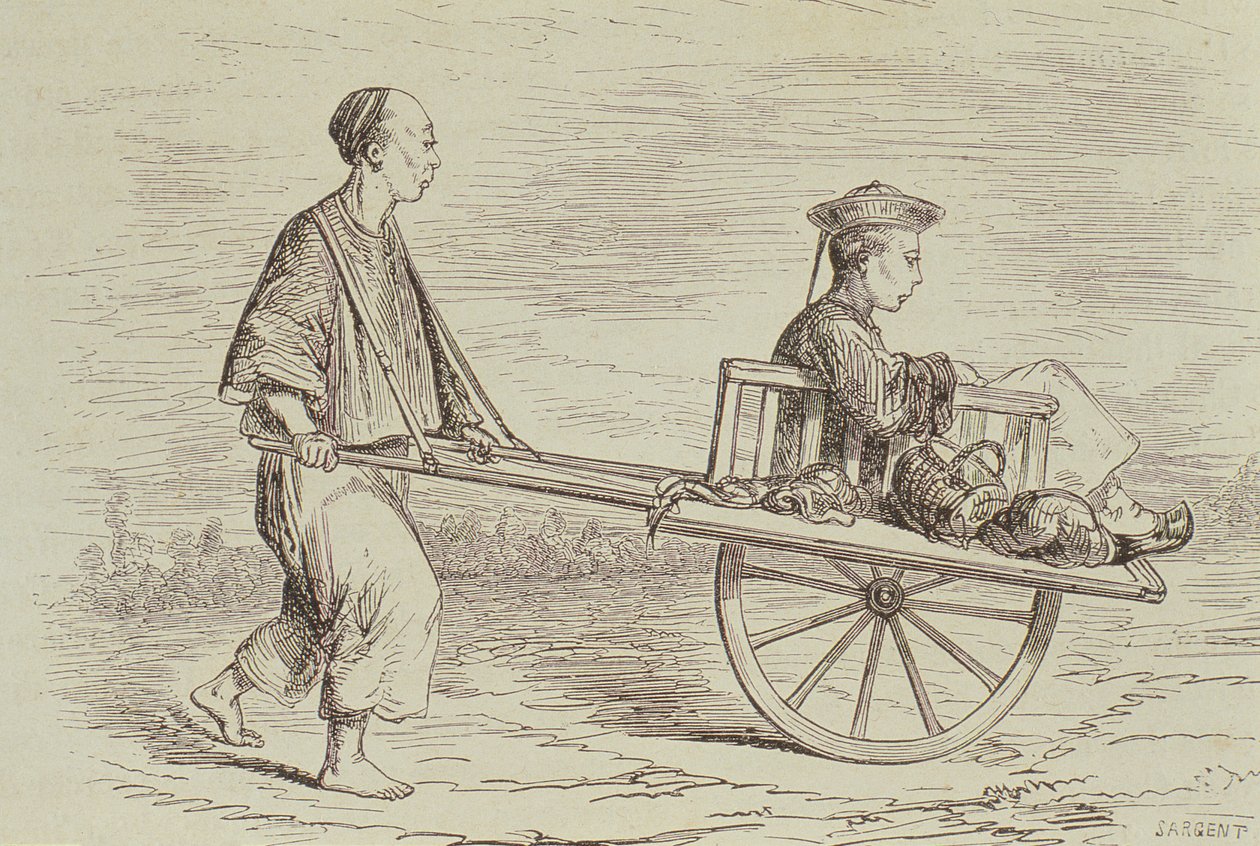 Táxi de carrinho de mão na década de 1850, China, gravado por Alfred Louis Sargent (n.1828) de &39;Le Tour du Monde&39;, publicado em Paris, de 1860 de French School