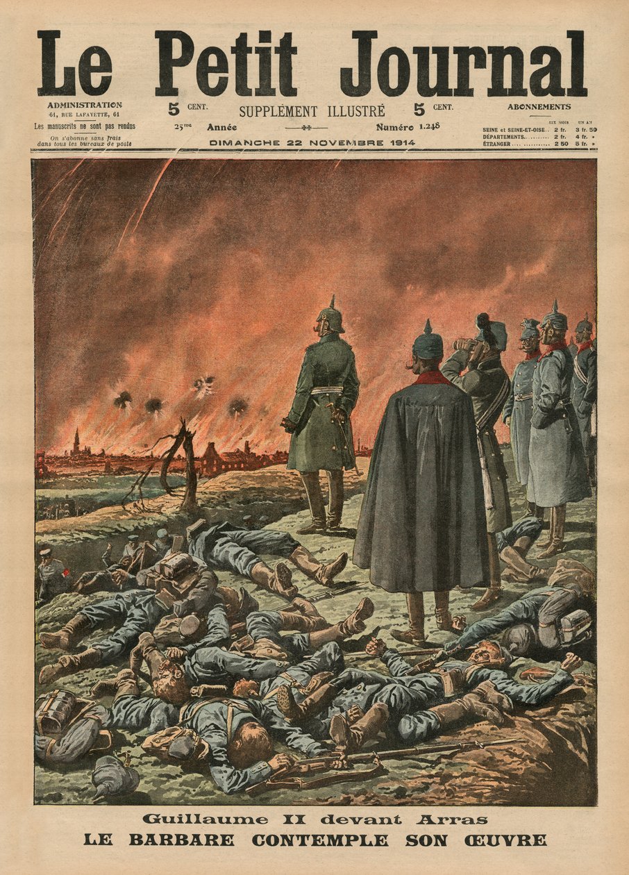 Guilherme II na frente de Arras, o Bárbaro considerando seu trabalho, ilustração da capa do &39;Le Petit Journal&39;, suplemento ilustrado, 22 de novembro de 1914 de French School