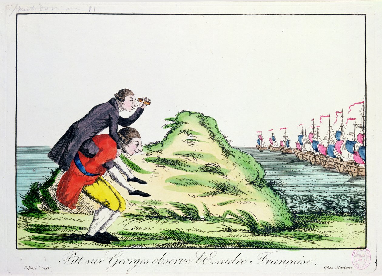 William Pitt, o Jovem (1759-1806) montado nas costas de Jorge III (1738-1820) Observando o Esquadrão Francês, 1803 de French School