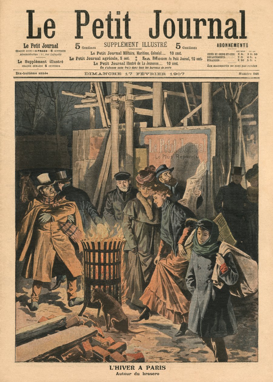 Inverno em Paris, em torno do braseiro, ilustração de &39;Le Petit Journal&39;, suplemento ilustre, 17 de fevereiro de 1907 (cor lito) de French School