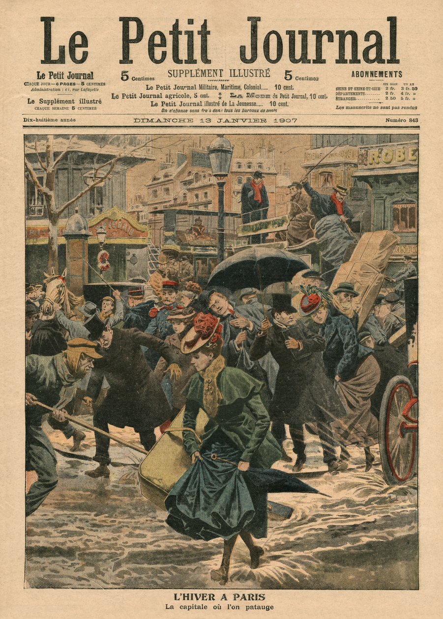 Inverno em Paris, andando na lama, ilustração de &39;Le Petit Journal&39;, suplemento illustre, 13 de janeiro de 1907 de French School