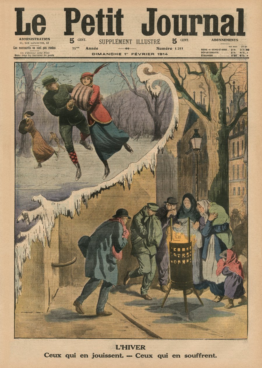 Inverno, quem gosta, quem sofre com isso, ilustração da capa do &39;Le Petit Journal&39;, suplemento ilustrado, 1º de fevereiro de 1914 de French School