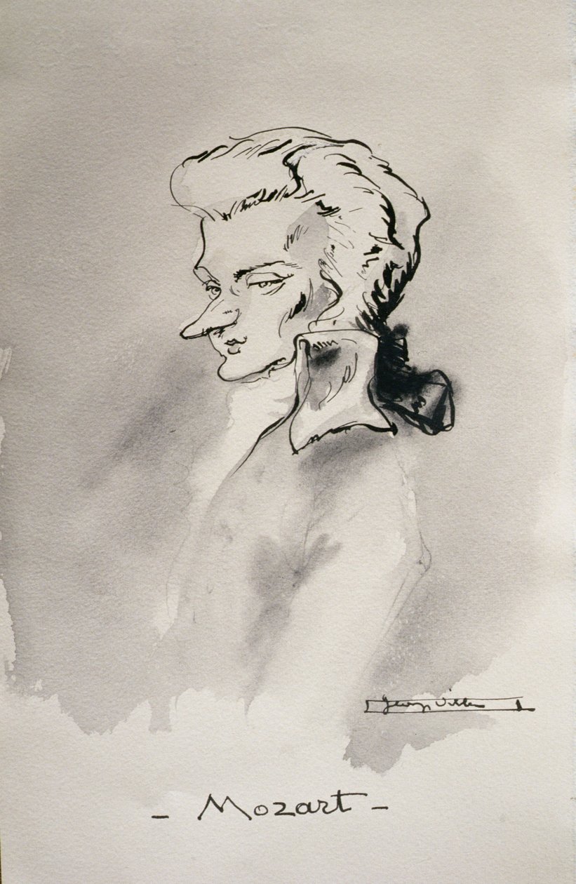 Wolfgang Amadeus Mozart (1756-91) (caneta e tinta para lavar no papel) de French School