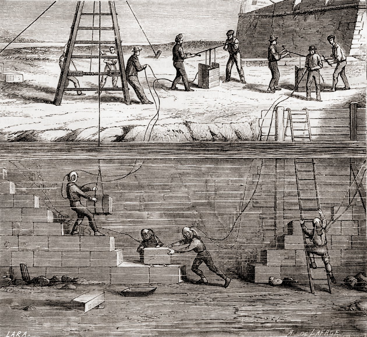 Trabalhadores em roupas de mergulho trabalhando em construções submarinas no século XIX, de Les Merveilles de la Science, publicado em 1870 de French School