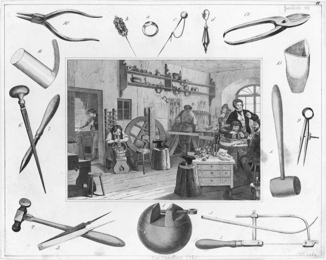 Oficina e principais ferramentas de joalharia, 1810 de French School