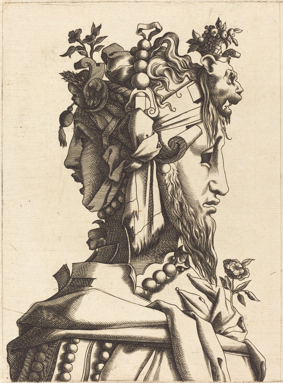 Busto de uma mulher em um traje extravagante de French 16th Century after René Boyvin or Pierre Milan