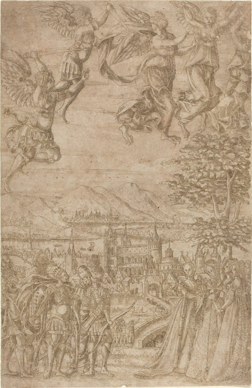 Um rei e sua comitiva confrontando senhoras sob uma batalha celestial de French 17th Century
