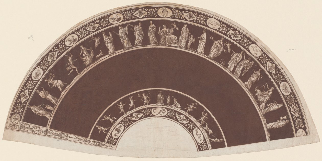 Um ventilador com figuras clássicas processando para Apollo de French 18th Century