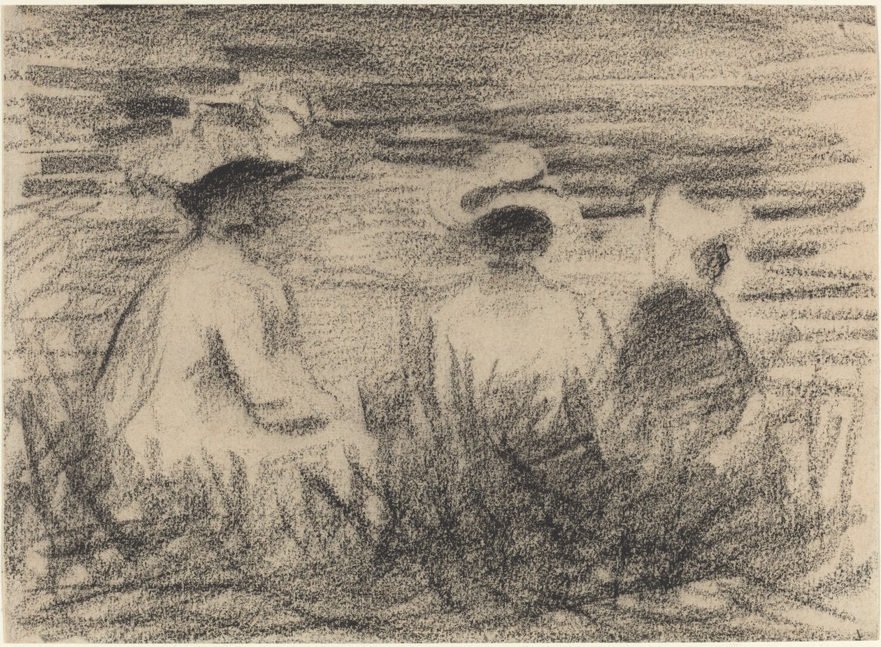 Três figuras sentadas em um prado, vistas de trás de French 19th or 20th Century