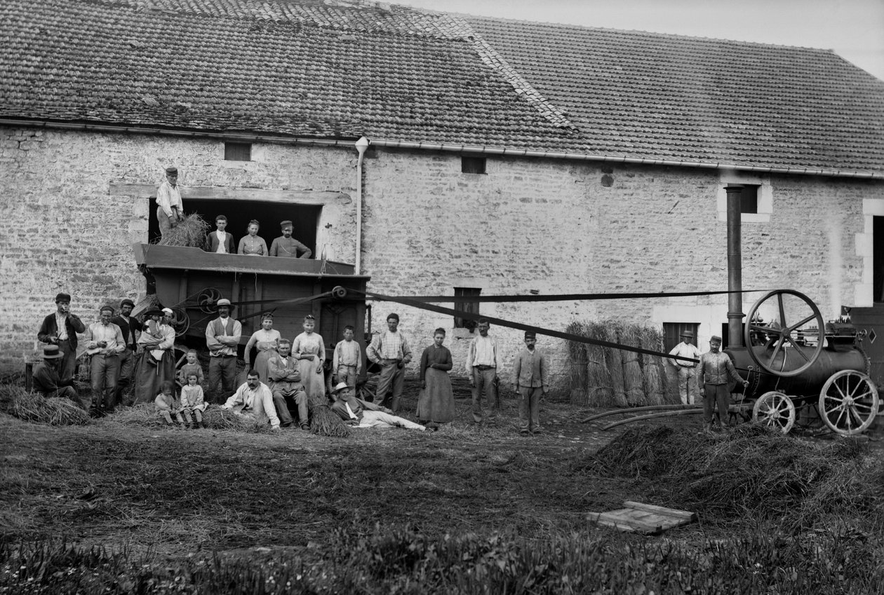 Trabalhadores agrícolas e a imprensa amarraram botas de feno numa fazenda perto de Bourmont em Haute-Marne (Haute Marne), por volta de 1890. Fotografia. Coleção Ducos. de French Photographer