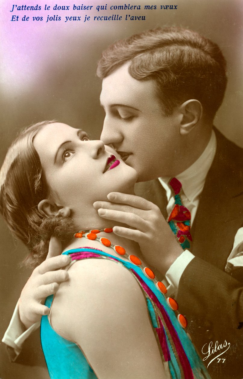 Beijos de Casal Francês, c.1920 (estampa prateada colorida à mão) de French Photographer