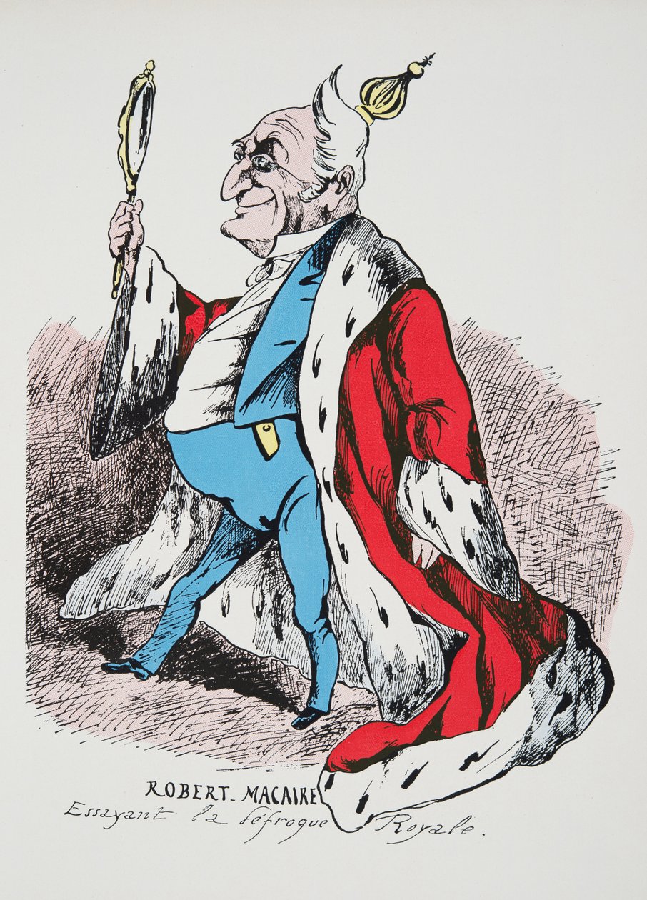 Robert Macaire - experimentando o casaco Royal, de Histoire de la Troisieme Republique, Vol. I, Political History, pub.1933 (cor litho) de French Photographer