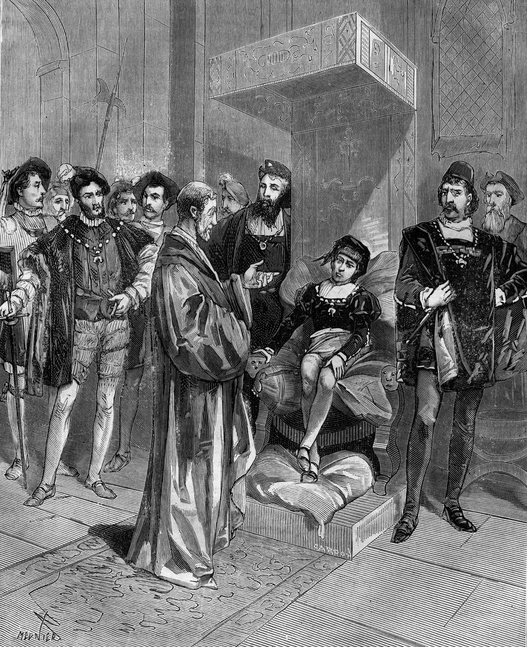 (Cardanus Hieronymus) Gerolamo Cardano (Jerome Cardan), médico, matemático e filósofo italiano (1501-1576), apresentando o horóscopo do Rei Eduardo VI da Inglaterra. em "História popular da ciência, invenções e descobertas dos primeiros séculos a de French School