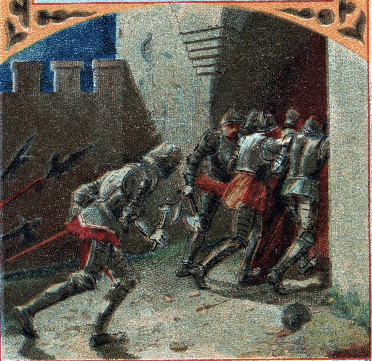 100 anos de guerra: o exército dos borgonheses tomou o castelo de Pierrefonds por traição (século XIV). Cromolitografia do final do século XIX de French School