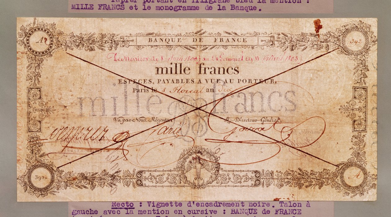Nota de 1000 francos de 8 Floreal, An X (28 de abril de 1802) (tinta no papel) de French School