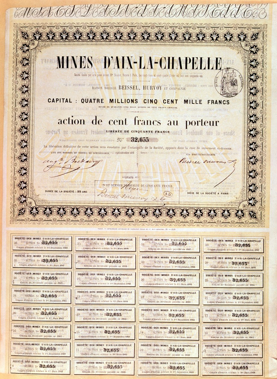 100 francos de ações ao portador das minas de Aachen, 1856 de French School