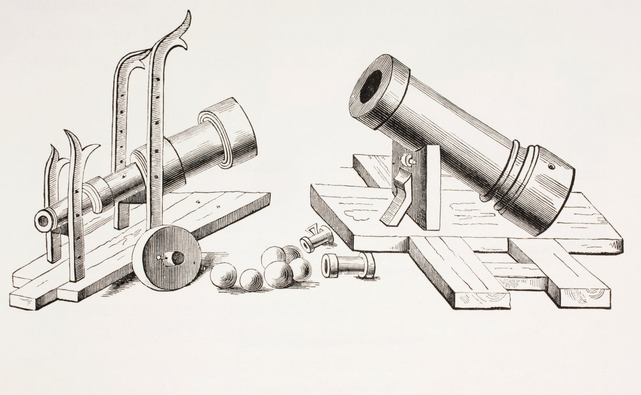 Canhões do século 15, com transporte de armas fixo (à direita) e transporte de armas (à esquerda) de Les Arts à Moyen Age, publicado em 1873 de French School