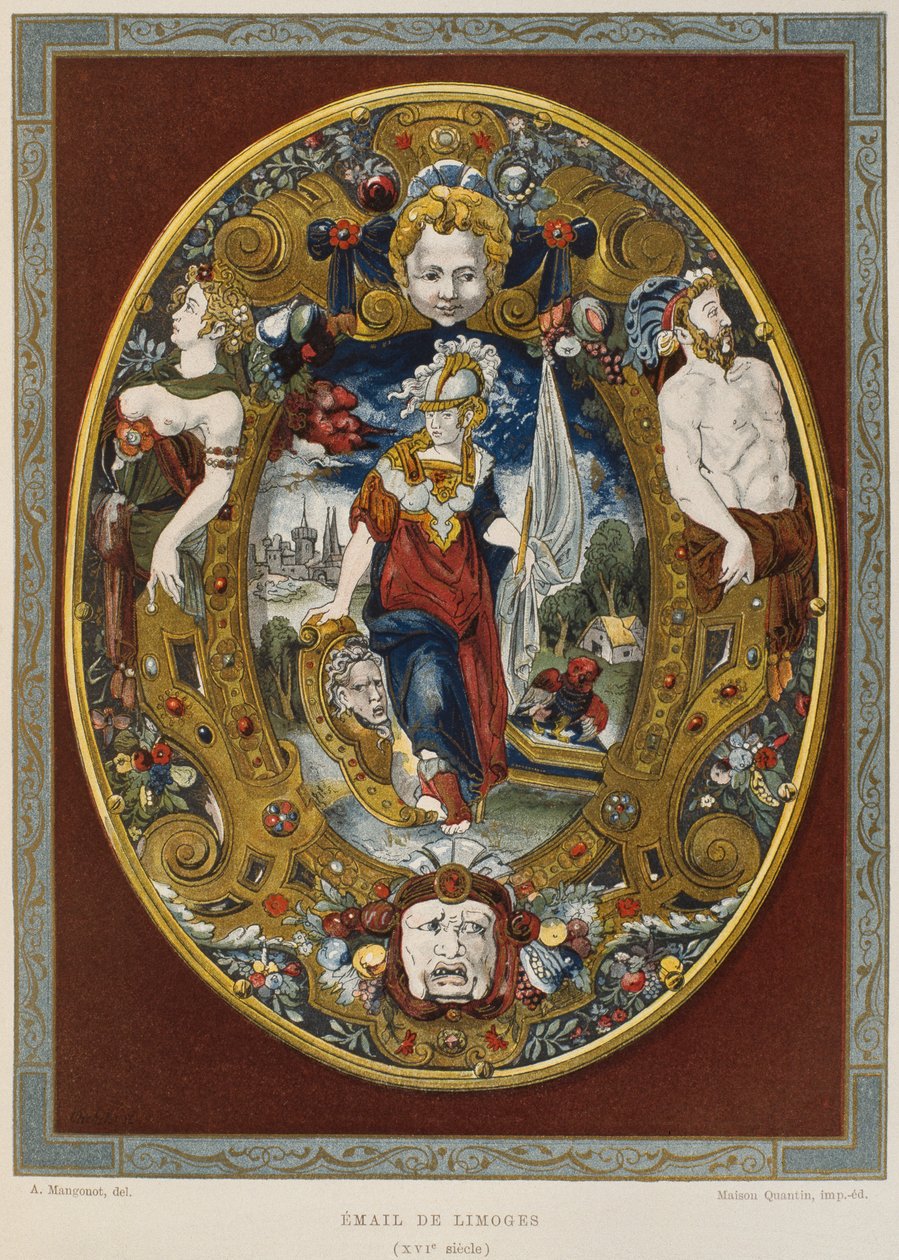Século XVI Limoges esmalte, ilustração do Dicionário de mobiliário e decoração por Henry Havard, volume 2, placa 22, Paris, Maison Quantin, 1878 de French School