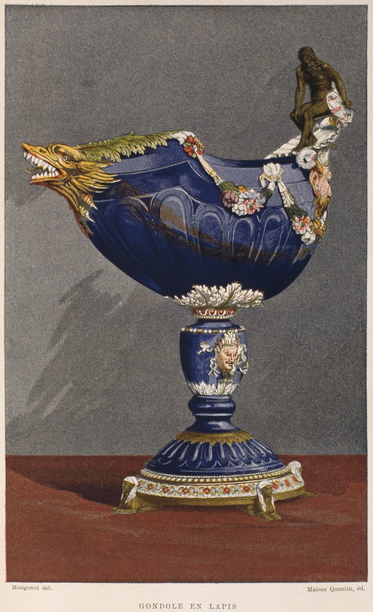 Copa em forma de gôndola do século XVI incrustada com lápis-lazúli, montada em dourado esmaltado e prateado, ilustração do Dictionnaire de lameublement et de la decoration de Henry Havard, volume 2, placa de French School