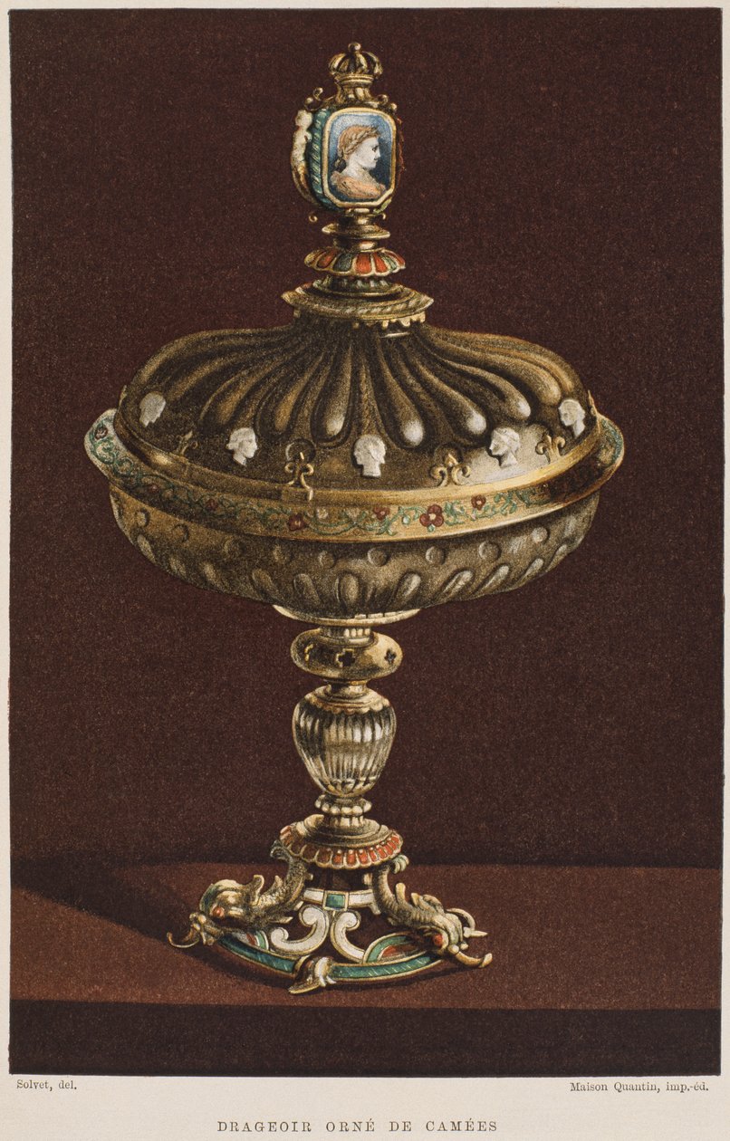 Pote doce do século XVII com camafeus, ilustração do Dictionnaire de lameublement et de la decoration de Henry Havard, volume 2, prato 11, Paris, Maison Quantin, 1878 de French School