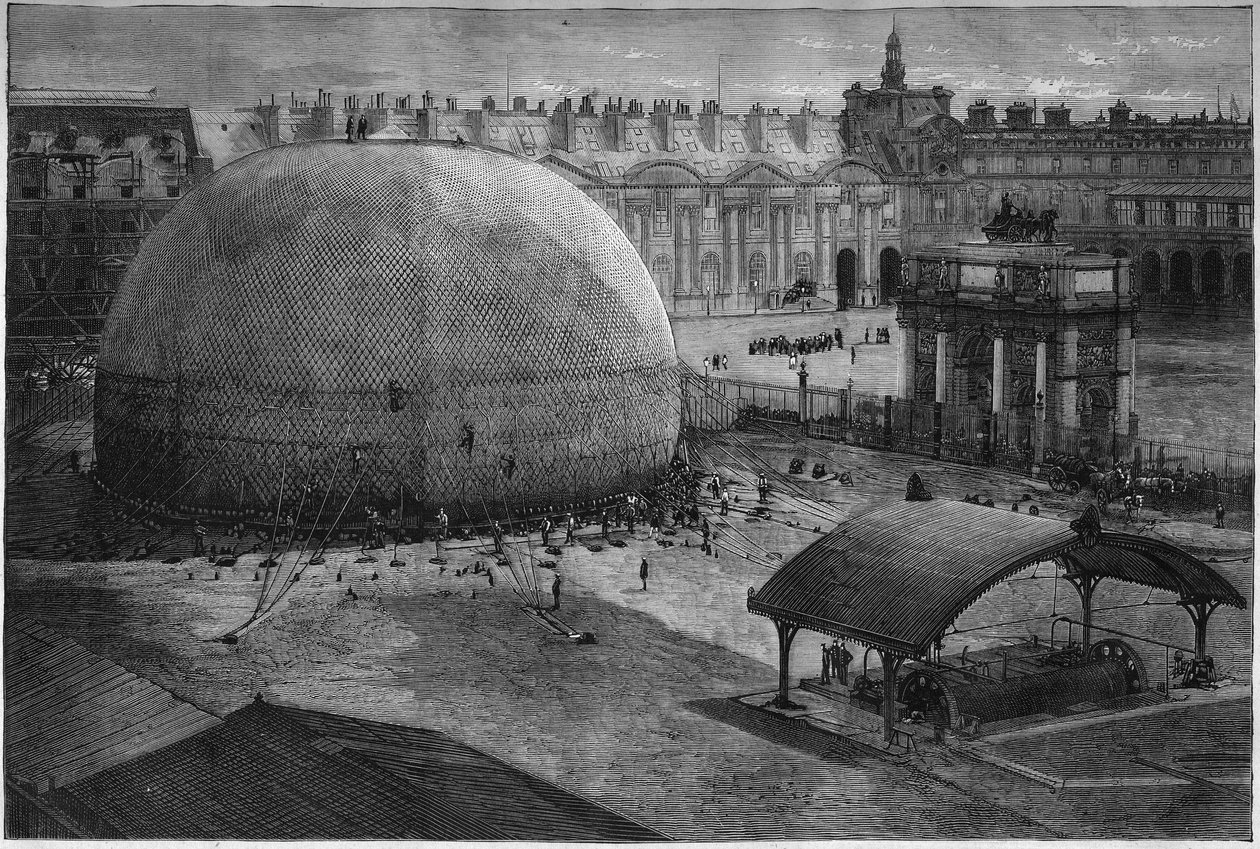 1878 Exposição Mundial em Paris: o inchaço do balão cativo de Henri Giffard instala-se no pátio das Tuileries. Gravura no "Le Monde Illustré" n°1112 de 20 de Julho de 1878. de French School