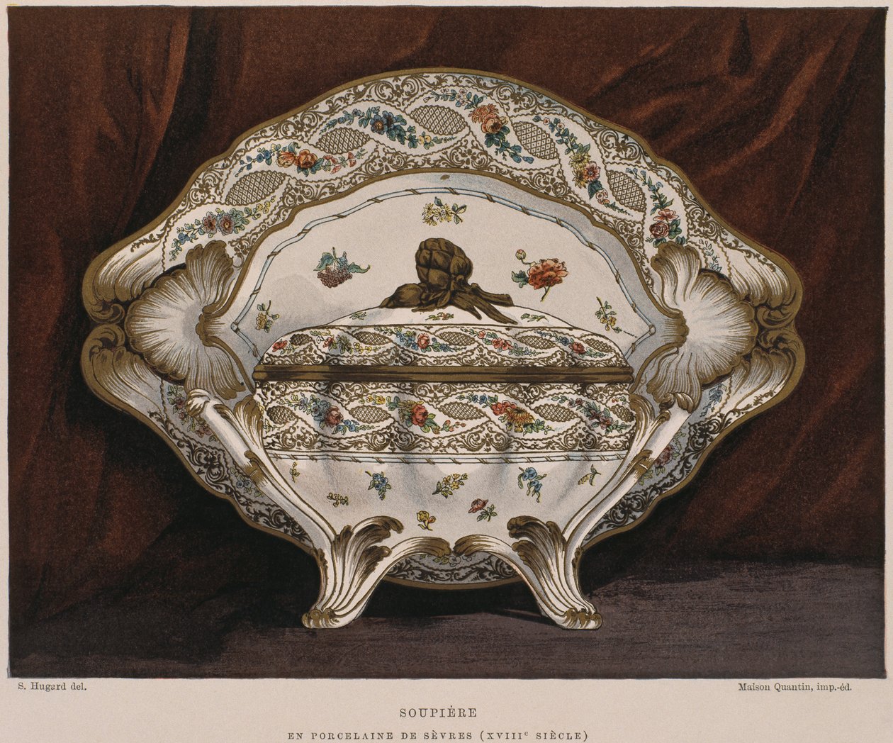 Terrina de porcelana de Sevres do século XVIII, ilustração do dicionário de mobiliário e decoração por Henry Havard, volume 4, placa 45, Paris, Maison Quantin, 1878 de French School