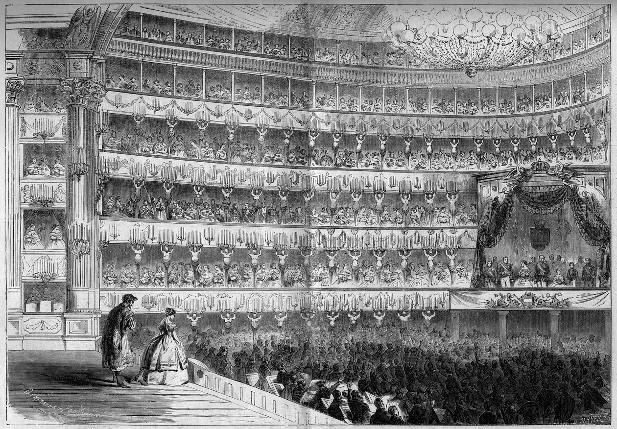 Arquitectura do século XVIII: vista interior do Teatro Royal (Teatro Regio) em Turim (Itália) durante um espectáculo de gala no dia 23 de Janeiro de French School