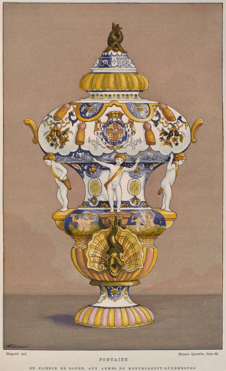 Fonte em faiança do século XVIII, com o brasão de armas de Montmorency Luxembourg, fabricado em Rouen, ilustração do Dictionnaire de lameublement et de la decoration de Henry Havard, volume 2, de French School
