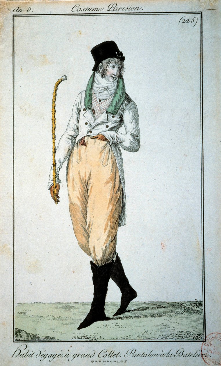 A moda do século XVIII: fato parisiense com gola grande, calças com barcos. Paris, Musee du Costume de French School