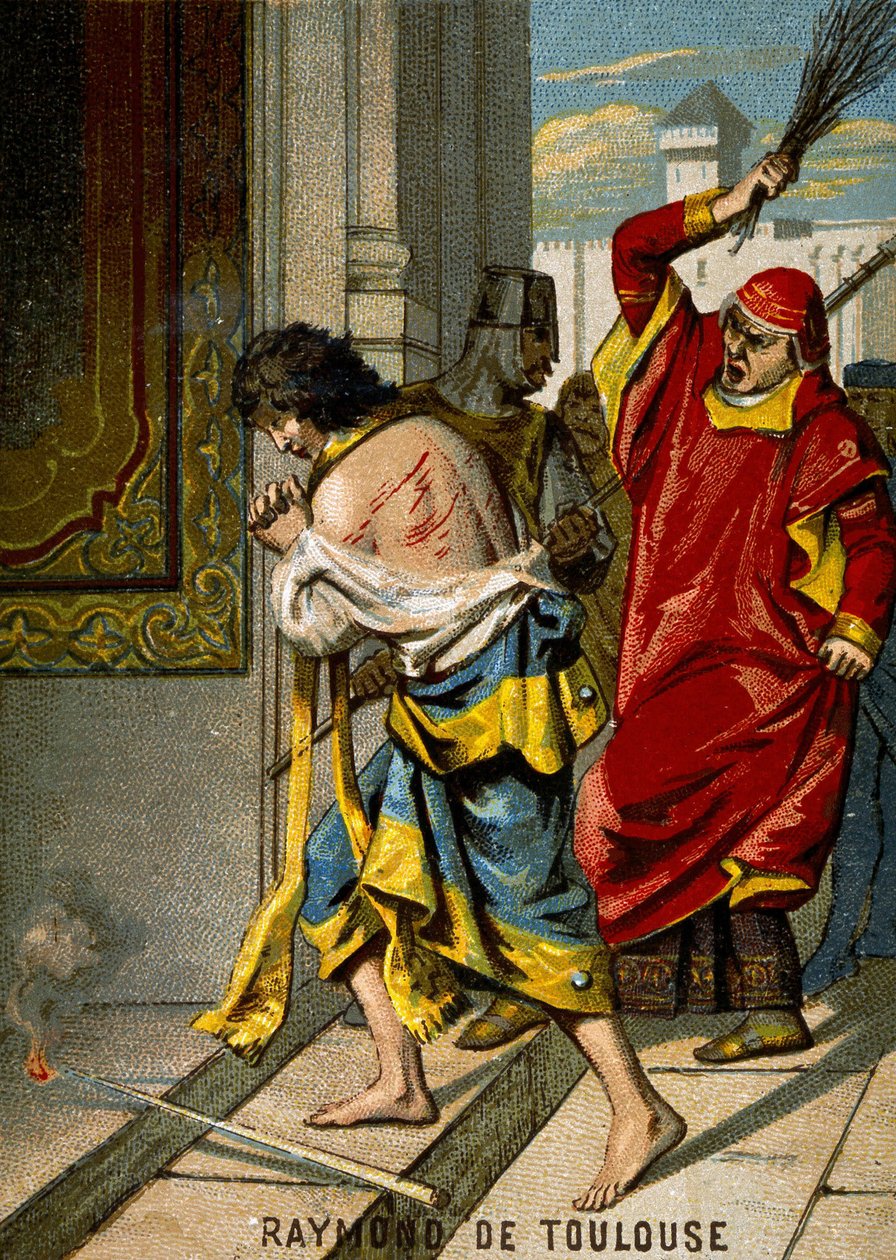 22/06/1209. Raymond VI Conde de Toulouse, excomungado pelo Papa Inocêncio III por não perseguir os cátaros, acusa de ser o instigador do assassinato de Pierre de Castelnau, emenda honrado e é flagrante em público em Saint Gilles. Chromolithogra de French School