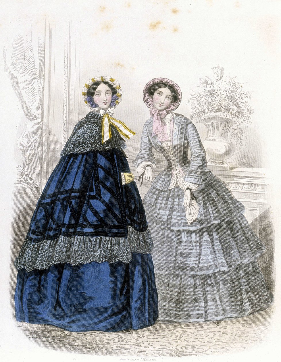 2 mulheres na moda: em traje - em "Journal des Demoiselles" 1852 (gravura) de French School