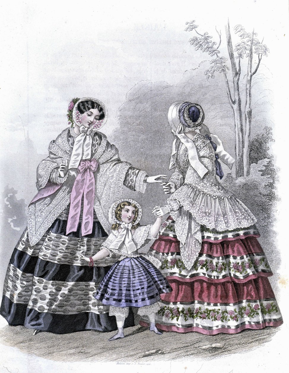 2 mulheres na moda com uma garota em passeio - no "Journal des Demoiselles" 1852. de French School