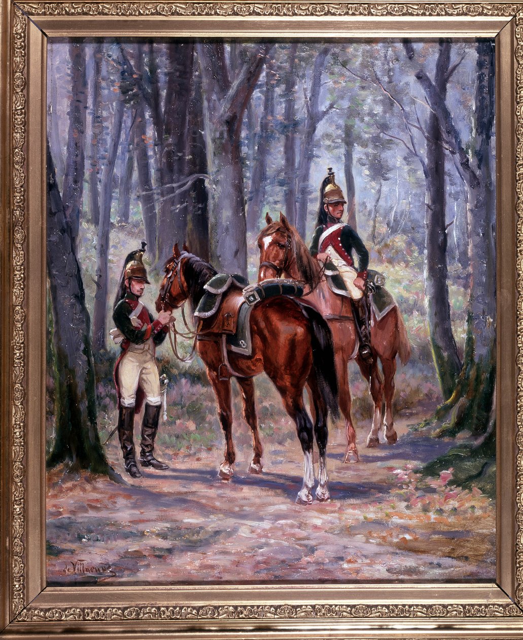 2 cavaleiros do 8º Dragão, escolhidos como batedores, pintura 65 x 58 cm, óleo sobre tela de De Villeneuve, pintor militar do final do século XIX. de French School