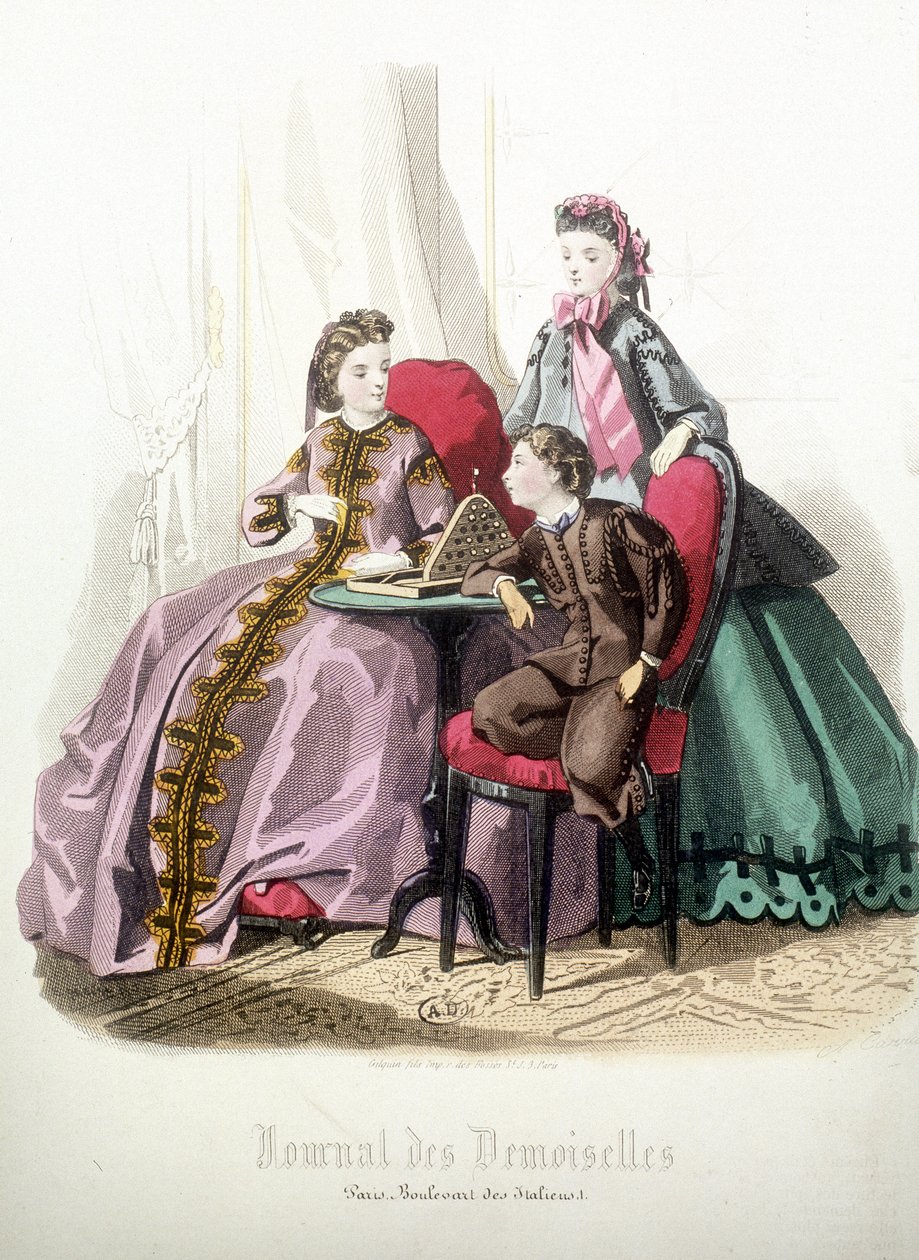 2 mulheres e um rapaz: Moda - na "Magazine des damoiselles", Dezembro de 1864 de French School