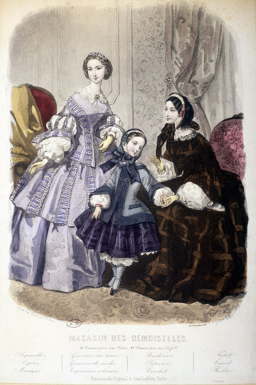 2 mulheres e uma rapariga: Moda - em "Magasin des damoiselles". sd. circa 1850. de French School