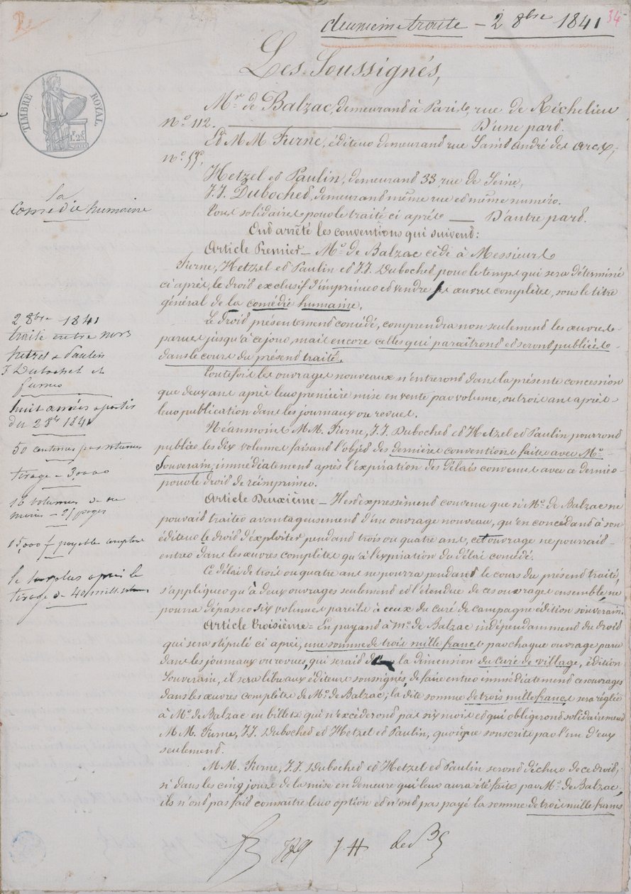 2º Contrato relativo à La Comédie Humaine entre Honore de Balzac (1799-1850) e Hetzel, Paulin, Dubochet e a editora Charles Furne, 2 de outubro de 1841 de French School