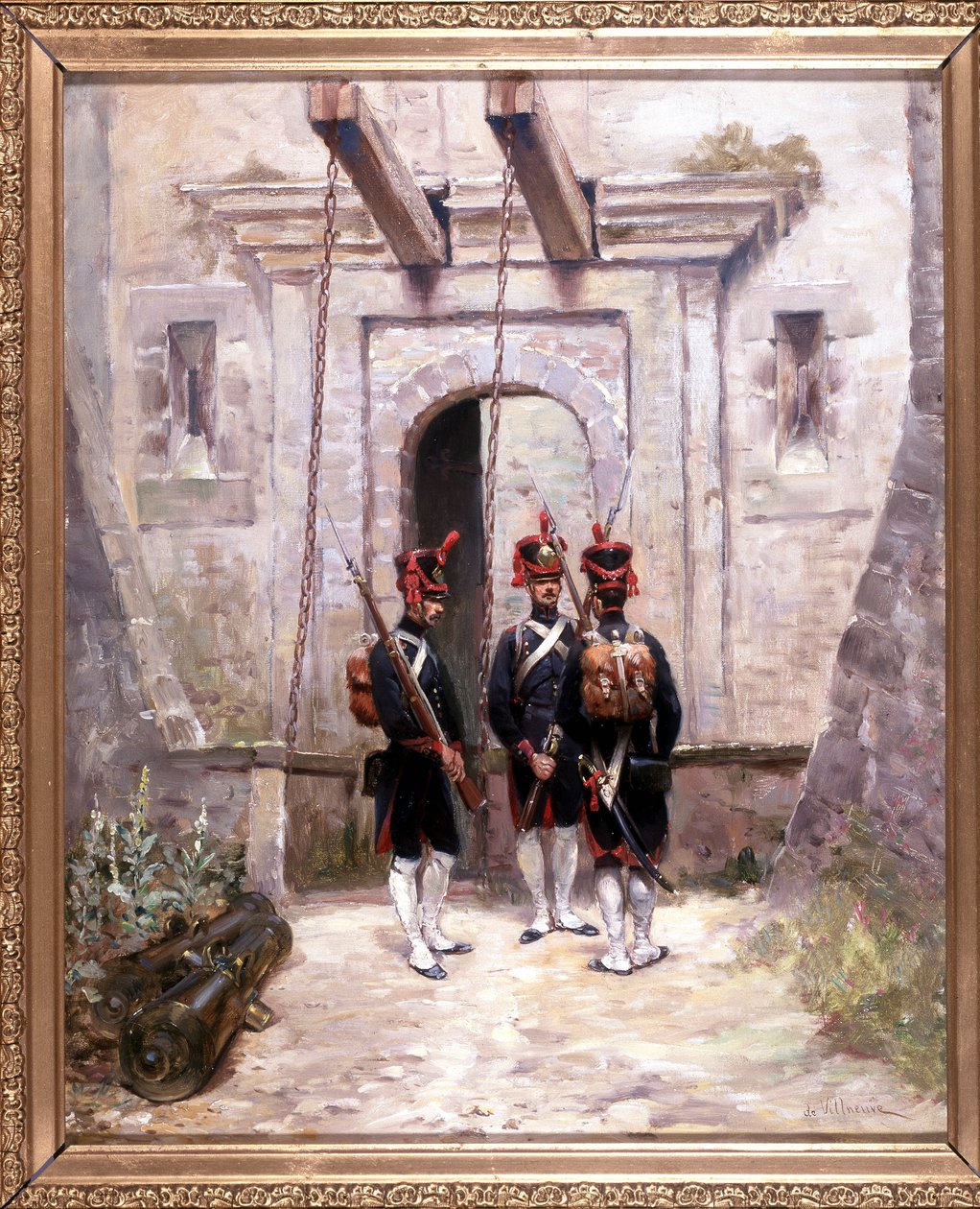 3 pistoleiros conversores, pintura 65 x 58 cm, óleo sobre tela de De Villeneuve, pintor militar do final do século XIX. de French School