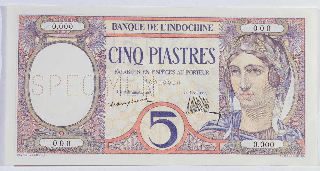 5 nota de Piastres, do banco Indo-China (papel) de French School