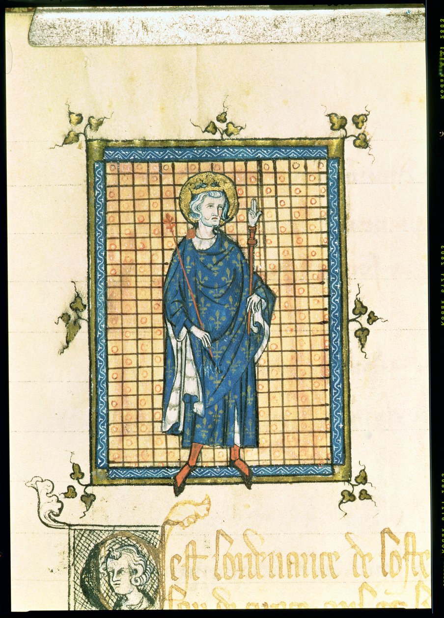 AE II 327 King St. Louis carregando o Cetro e a Mão da Justiça, do Registro de Ordenanças do Hotel du Roi, c.1320 de French School