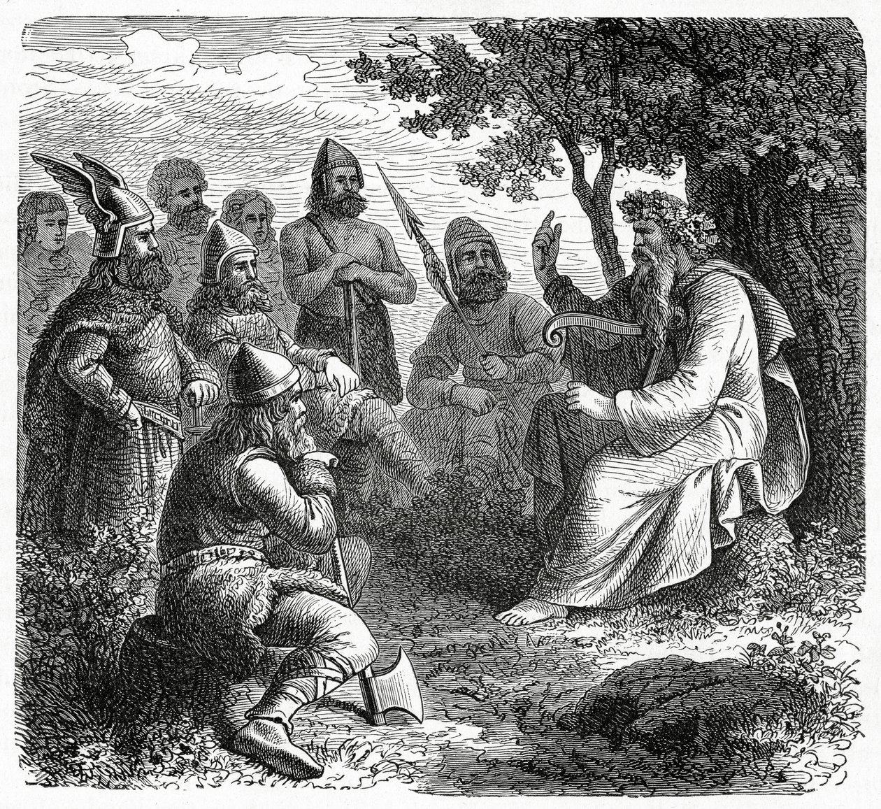 Um bardo recitando a Northmen, c.1882 (gravura em madeira) de French School