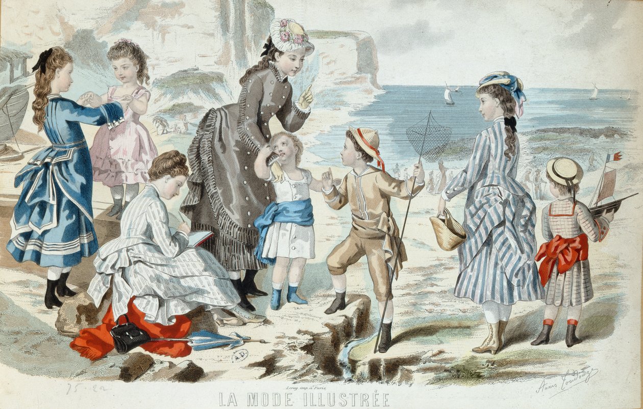 Uma praia na Normandia, 1875 (gravura a cores) de French School