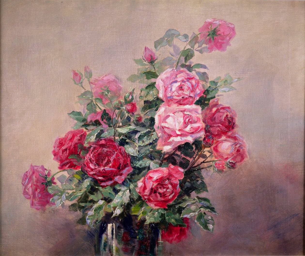 Uma tigela de rosas vermelhas e rosa de French School