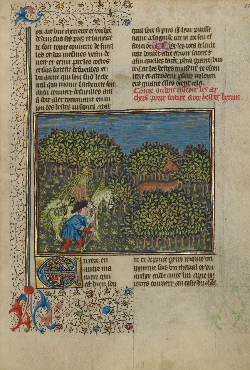 Um cavaleiro camuflado e um arqueiro se aproximando de um cervo, c.1430-40 (têmpera, tinta dourada e prateada e folha de ouro em pergaminho) de French School