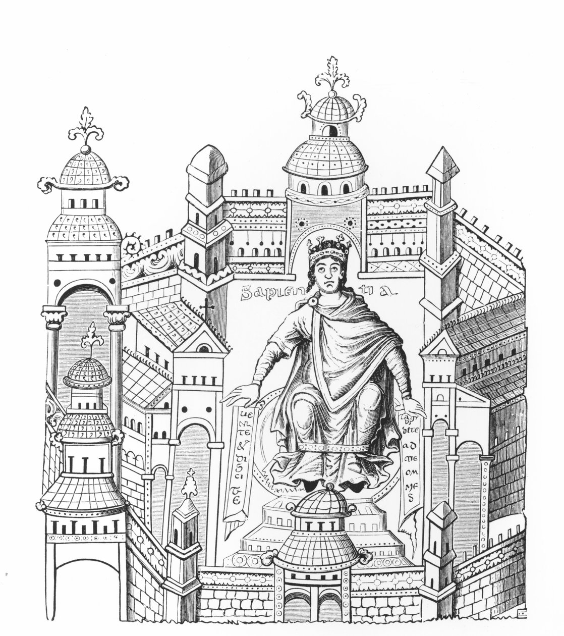 Um rei carloviano em seu palácio, personificando a sabedoria que atrai toda a raça humana, depois de uma miniatura em um manuscrito, copiada pelo conde Horácio de Viel-Castel (1798-1864) de French School