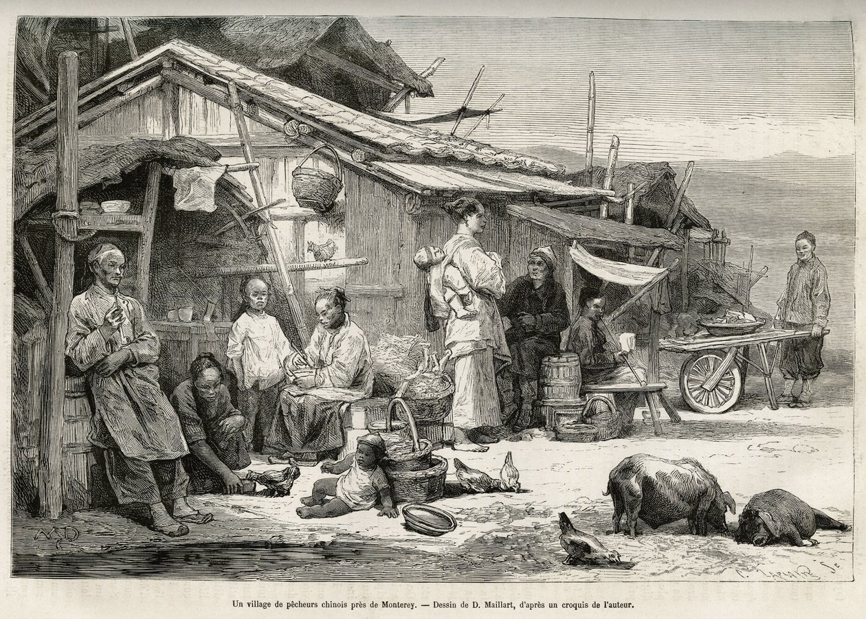 Uma vila de pescadores chineses perto de Monterey, Califórnia, testemunhou a importante comunidade chinesa estabelecida na costa do Pacífico dos Estados Unidos. Gravura depois do desenho de D.Maillard, para ilustrar a história La conquete blanche, de Willi de French School