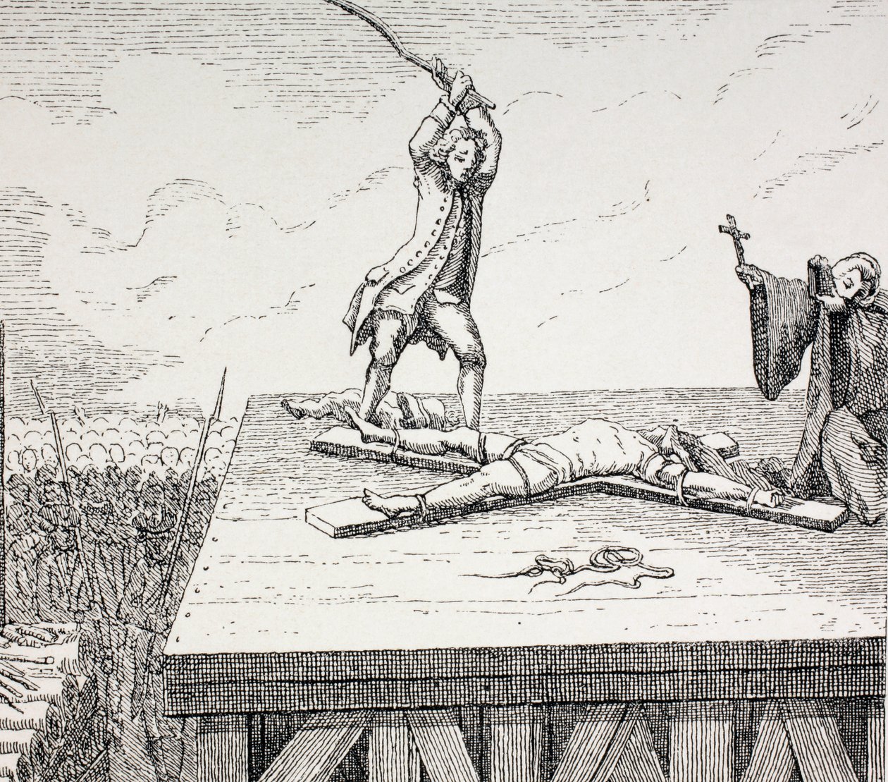 Um criminoso condenado à morte sendo quebrado em uma cruz de Santo André na fraque do século 18, 1875 de French School