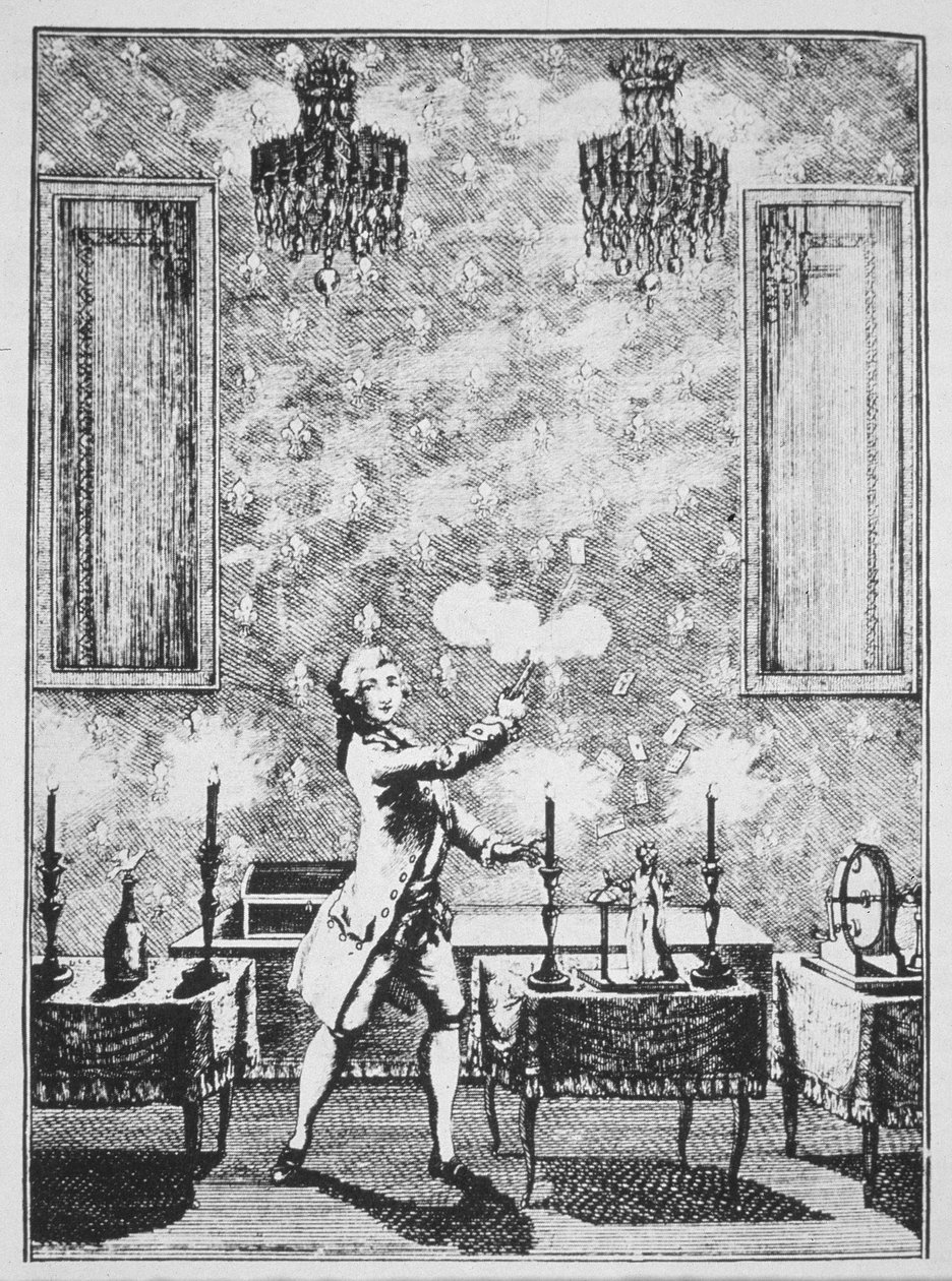 Uma demonstração de conjuração de La magie Blanche devoilee de Decremps, 1659, ilustrada em History of Magic, publicada no final do século XIX de French School
