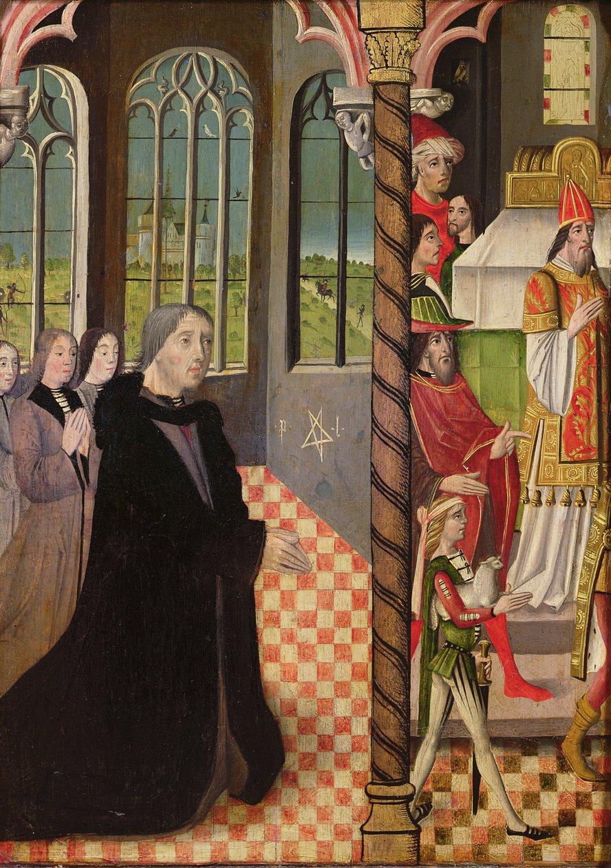 Um doador com suas três filhas e o oferecimento de Joachim, 1485-95 de French School