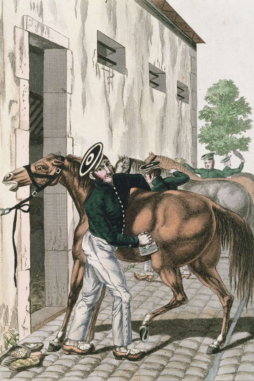 Um, dragão, grooming, seu, cavalo, prato, 257, de, um, série, de, francês, imperial, soldados, c.1800-10 de French School