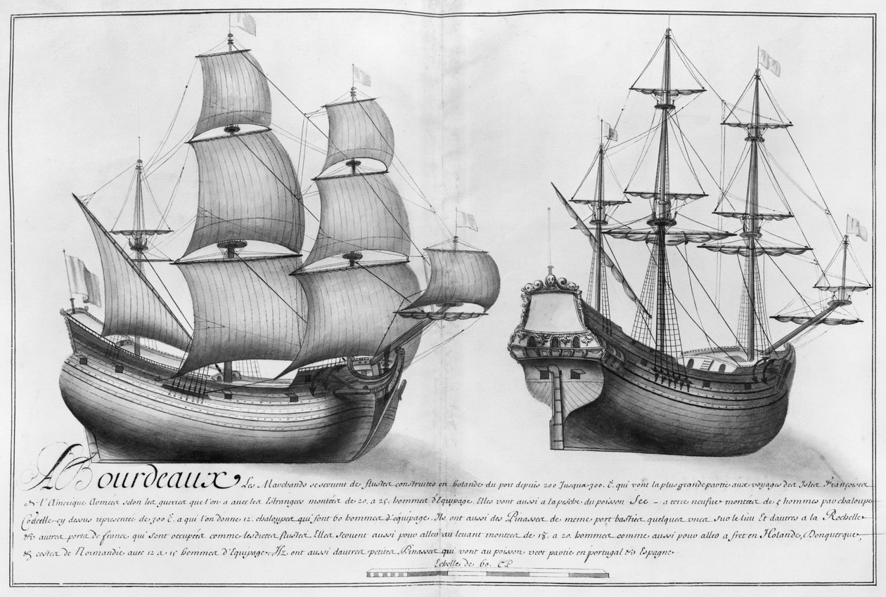Uma loja holandesa e uma pinasse, Bordeaux, ilustração de &39;Designs de diferentes formas de navios ... de Nantes a Bayonne ...&39;, 1679 (lápis e wc no papel) de French School